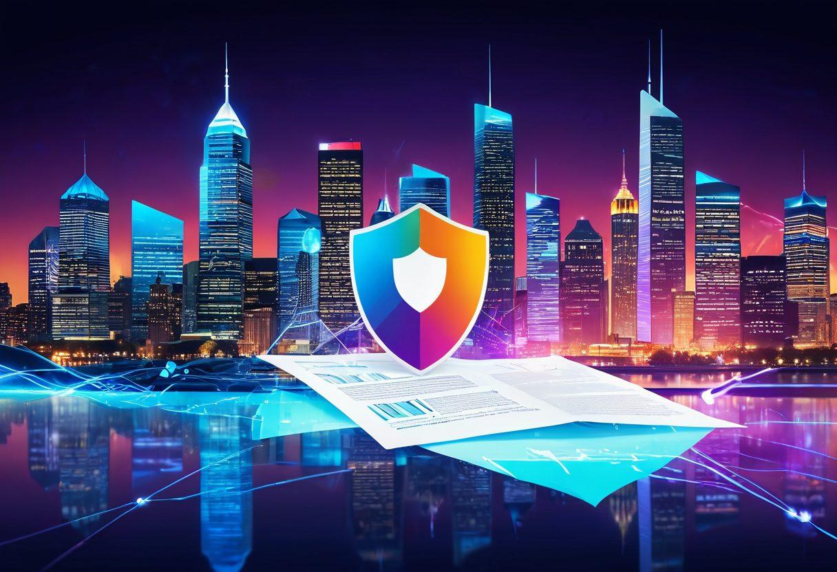 An abstract representation of a digital landscape with interconnected insurance icons floating above a vibrant city skyline. Include elements like a shield, a policy document, and a mobile device, all glowing with digital effects. The scene should evoke a sense of innovation and security, symbolizing the transformation in insurance solutions. Use bright, modern colors to convey energy and progress. super-realistic. vibrant colors. futuristic.