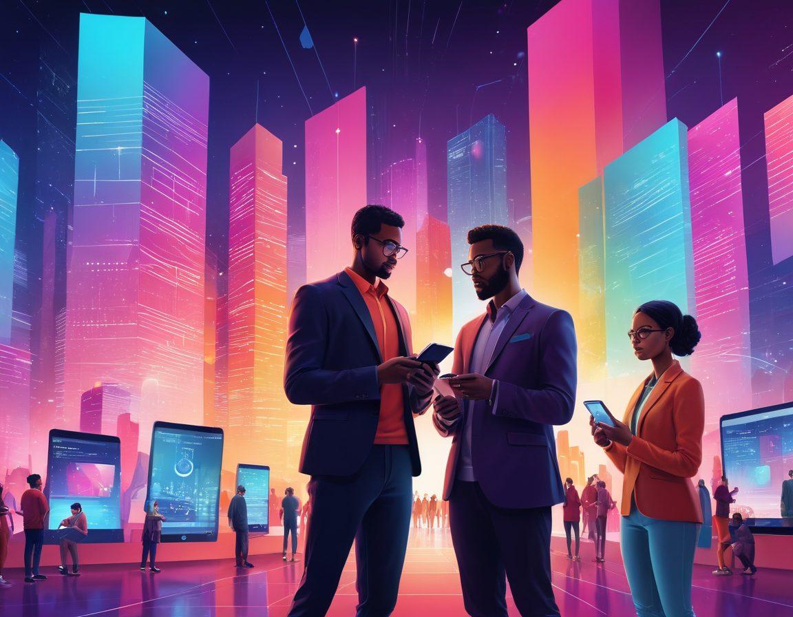 A digitally illustrated scene depicting a diverse group of consumers engaging with advanced technology like smartphones and tablets while exploring online insurance options. The background features futuristic elements like holograms and data charts to represent data-driven insights. Emphasize a sense of empowerment and community, with vibrant colors to evoke positivity and innovation. Add diverse characters representing different ages and backgrounds, working together with technology. vector art. vibrant colors. contemporary style.