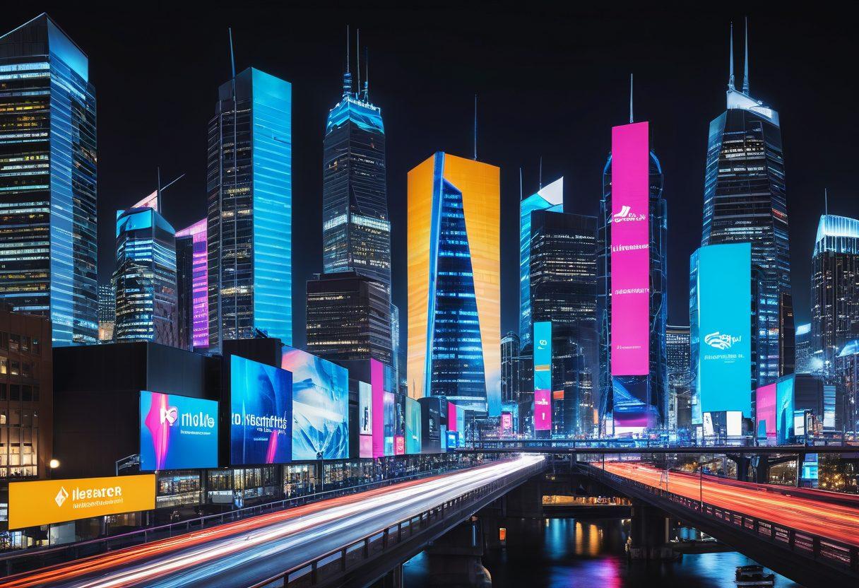 A futuristic cityscape showcasing a digital billboard advertising online insurance solutions, with vibrant icons representing various insurance services. In the foreground, a diverse group of people engaged in discussions, highlighting the accessibility of these services. Light trails from their mobile devices illuminate the scene, emphasizing connectivity. The skyline features modern architecture, blending technology and insurance. super-realistic. vibrant colors. cyberpunk.